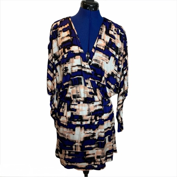 Parker Blouson Catalina Dress Stretch Drape Faux Wrap Watercolor Dolman Sleeve S - Picture 2 of 16